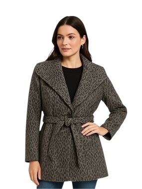 Calvin Klein Leopard Print Wool Blend Belted Coat Gray Women’s Size Large ??